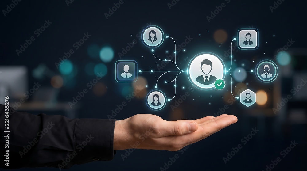 Obraz premium Human resources professional hand presenting virtual network of employee icons representing team structure and organizational management through holographic interface