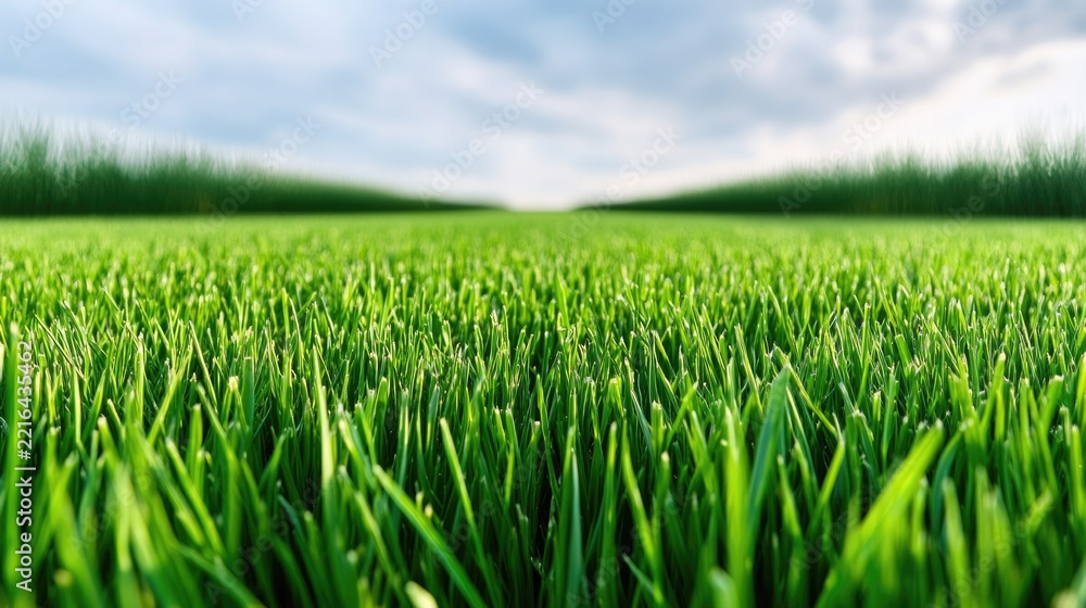 Fototapeta premium Lush green grass field under blue sky with soft focus in background