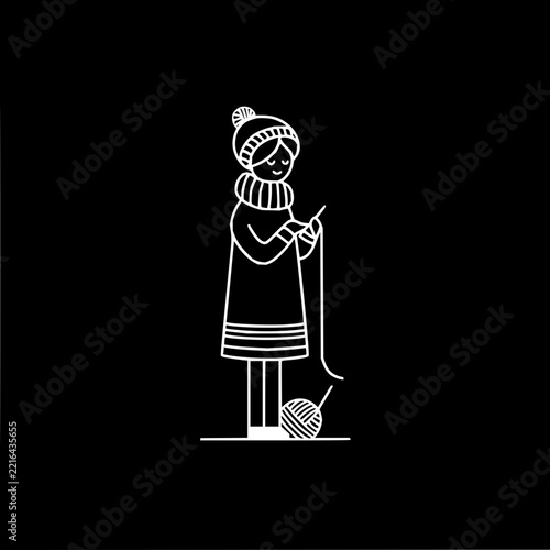 Person knitting with wool yarn vector line art on black background