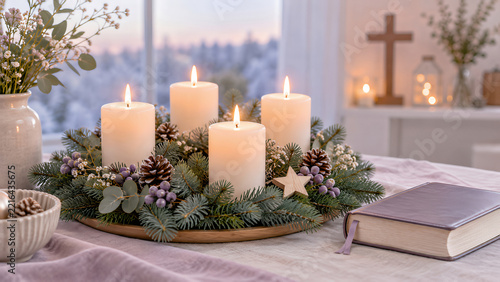 Advent wreath with candles, greenery, stars, and Christian Christmas decor