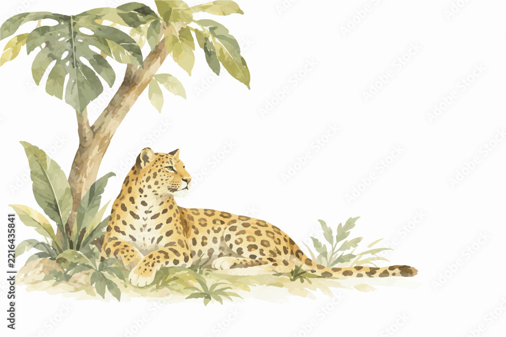 Fototapeta premium Exotic Wildlife and Tropical Animals in Minimalist Watercolor Landscape Illustration