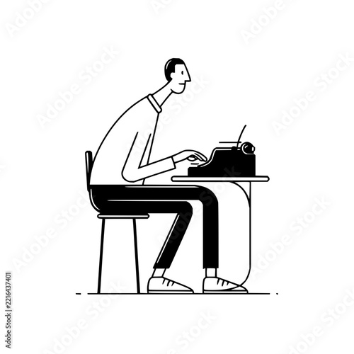 Man sitting at a desk using a vintage typewriter in a minimalist line art style