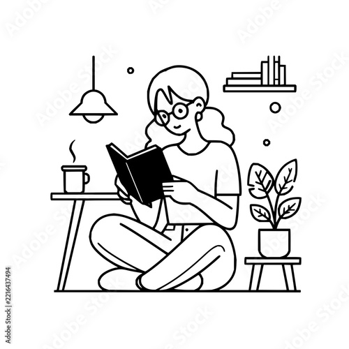 Woman reading a book while sitting cross legged in a cozy room with plant and lamp