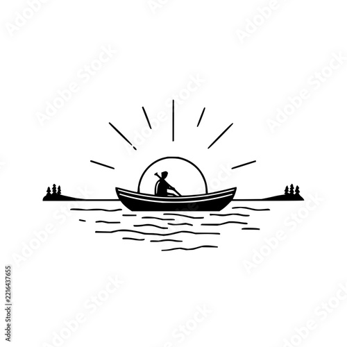 Person rowing a boat on a lake during sunrise with distant trees in line art style