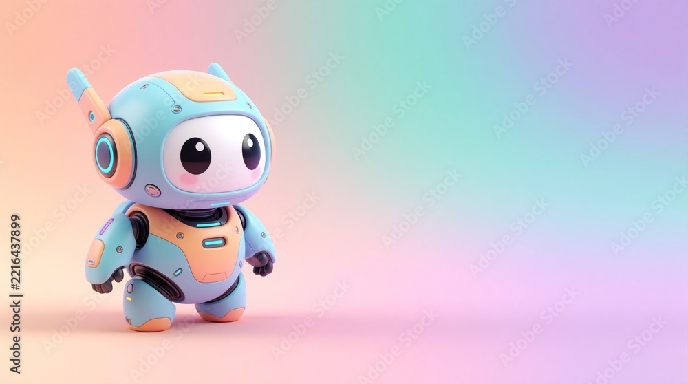 Fototapeta premium Cute 3D rendered mini robot character stands on pastel gradient background. Small futuristic android toy mascot represents artificial intelligence, machine learning. Friendly cyborg bot with blue,
