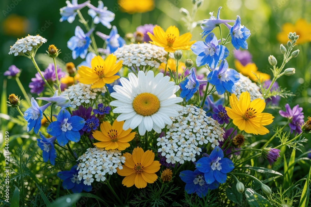Fototapeta premium Colorful wildflowers bouquet with white daisy, yellow cosmos, blue delphinium in summer meadow. Bright blossom bunch features diverse flora in natural garden. Fresh spring floral arrangement brings