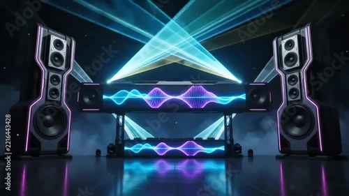 Futuristic Sound System with Neon Audio Waveform and Laser Lights
