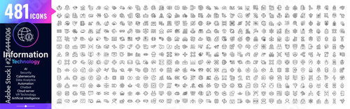 Mega set of 481 technology linear icons. Artificial intelligence, AI chatbot, cybersecurity, and data analytics. Cloud server computing, automation, VR technology. Editable vector big icon collection