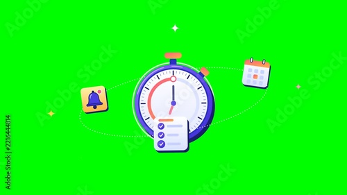 Animated Stopwatch with Calendar and Bell Icons on Green Screen Background