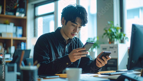 オフィスで2台のスマートフォンを並行して操作する若い男性社員