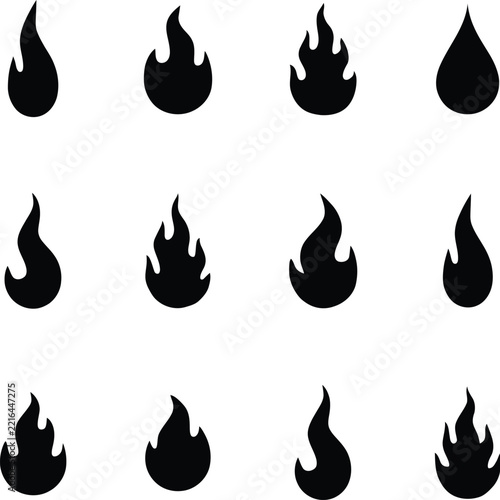 Fire symbol graphic collection with various flame shape silhouettes