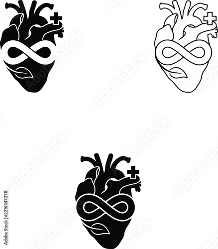 Heart symbol graphic set featuring anatomical medical style infinity