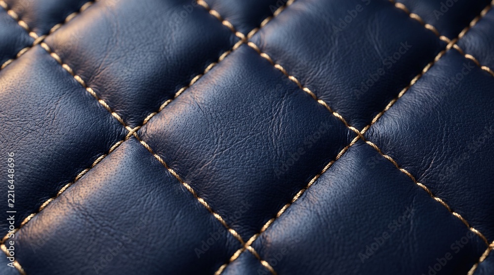 Fototapeta premium Quilted navy blue leather texture with gold diamond stitching pattern provides luxurious background for high end automotive interior design or fashion projects.