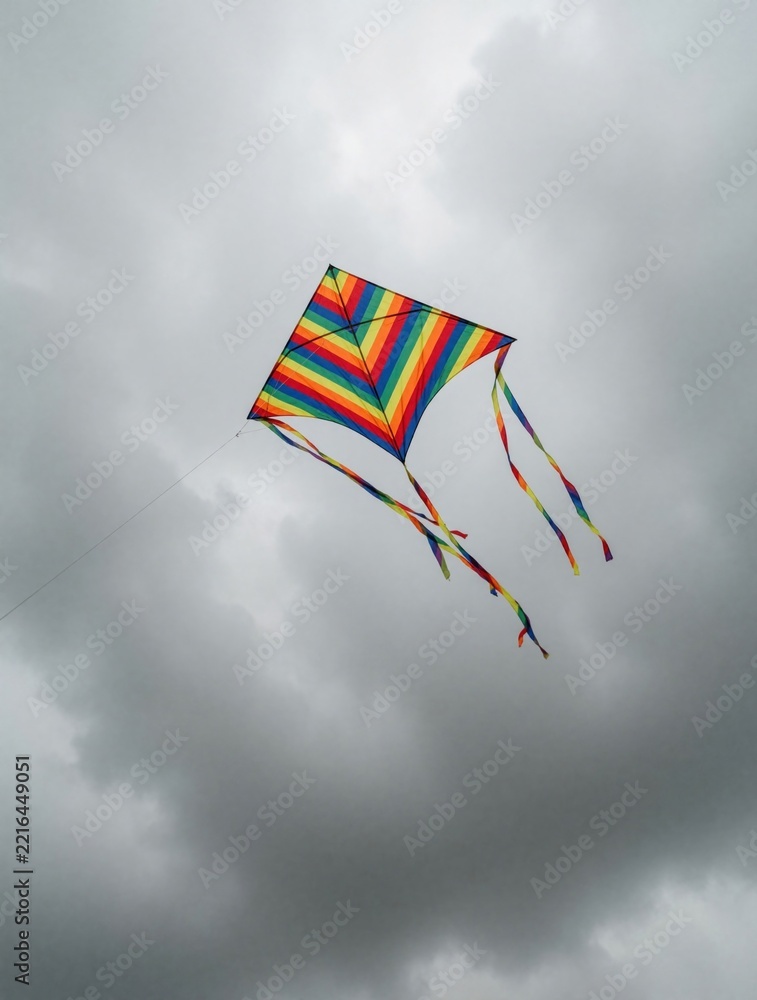 Naklejka premium Bright rainbow striped kite flies high in moody grey overcast sky. Colorful toy with long tails floats against dark clouds. Wind carries diamond shaped kite during windy autumn summer day. Simple