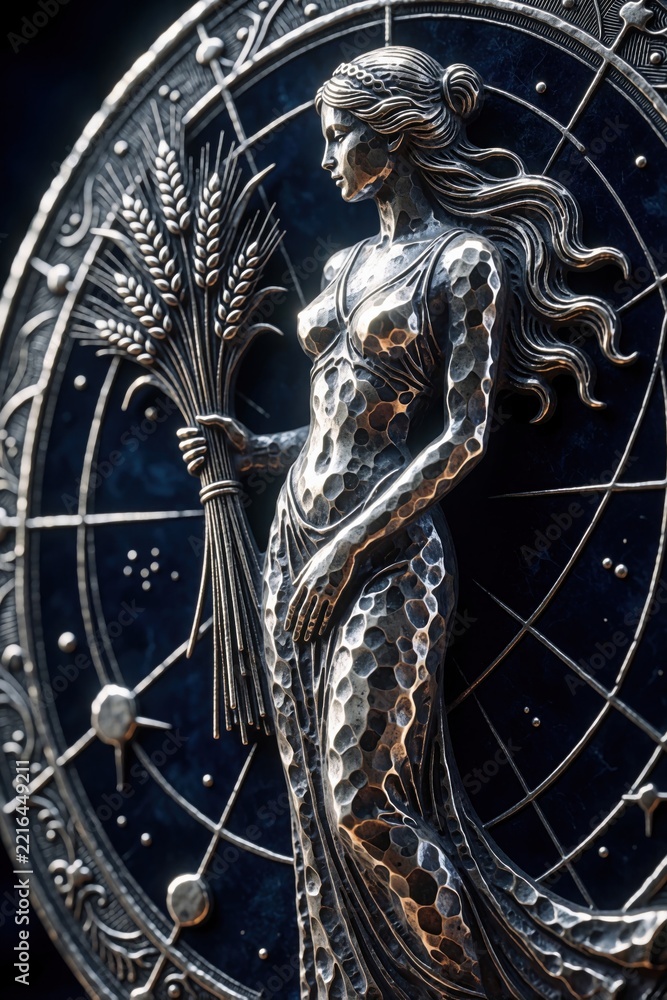 Fototapeta premium Silver metal engraved Virgo zodiac sign. Beautiful woman holds wheat stalks on celestial astrology wheel. Mystic astrological symbol with cosmic star pattern, detailed texture. Esoteric emblem for