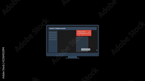 Flat design computer monitor displaying system warning notification and green action button animation.
