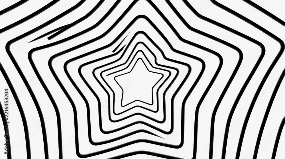 Fototapeta premium Abstract black, white geometric illustration. Concentric star shapes create optical illusion with motion effect. Expanding star pattern looks like tunnel hypnotic radial waves. Minimalist graphic