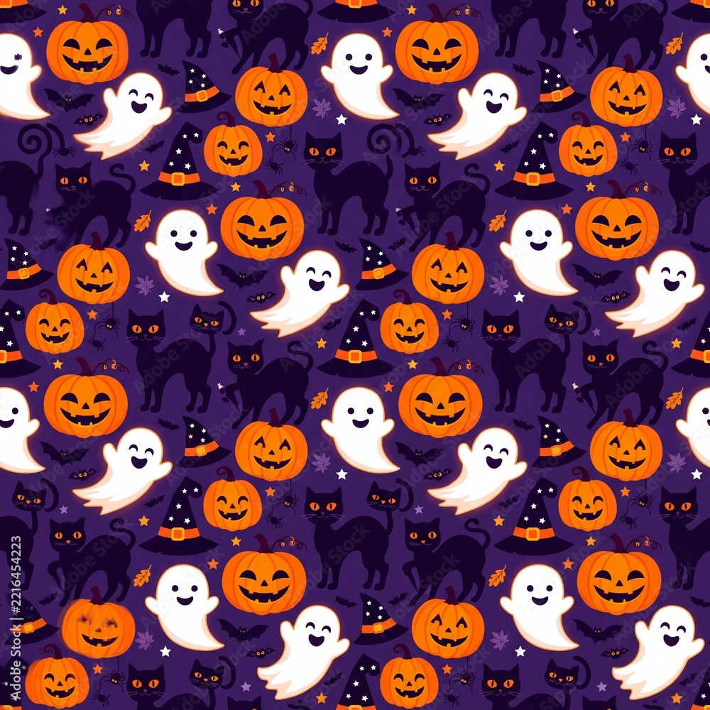 Obraz premium Cute Halloween Seamless Pattern with Pumpkins and Ghosts