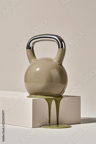 Glossy beige kettlebell with olive paint drips on white block in minimal studio setup product images