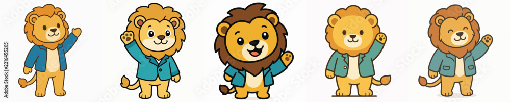 Fototapeta premium A set of cute and adorable vector lions standing and waving.