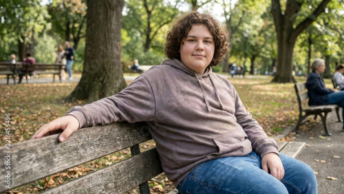 Portrait of Smiling Curly Haired Teenage Boy Sitting on Park Bench in Autumn