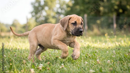 Fawn Great Dane Puppy Running Happily Across Green Grass Field Outdoors