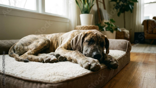 Brindle Great Dane Puppy Sleeping Peacefully on Cozy Orthopedic Dog Bed