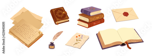 Flat Cartoon Vintage Writing and Reading Essentials Set, Books, Letters, Quill, Paper and Botanical Art