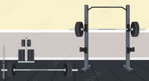 home gym fitness studio heavy duty squat rack with a loaded barbell, pull up bar, an additional barbell resting on rubber flooring, and a weight plate storage tree