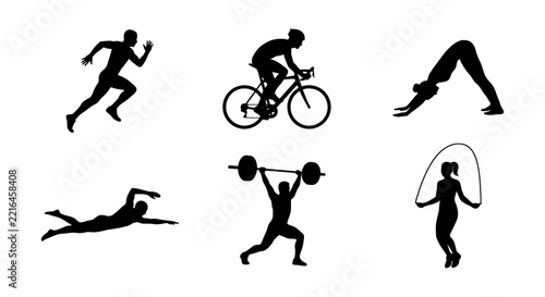 Fotografie Sports silhouettes set with runner, cyclist, swimmer, weightlifter, yogi and jum