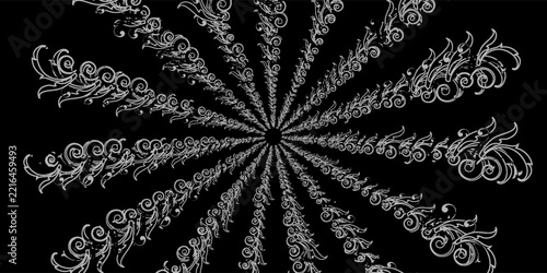 Abstract black background with white floral vintage ornament radial pattern vector illustration. Baroque circular mandala burst wallpaper.