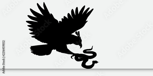 Eagle catching snake silhouette vector illustration. Crested hawk attacking serpent bird predator icon isolated on white background.