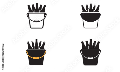 Set of beer bottles in buckets icons