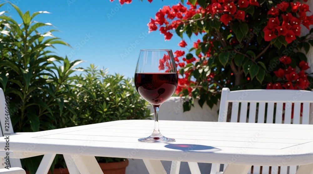 Fototapeta premium Red wine glass sits on white outdoor table at elegant terrace. Bright red flowers, green plants decorate balcony under blue sky. Summer vacation lifestyle with luxury dining, relaxation concept in