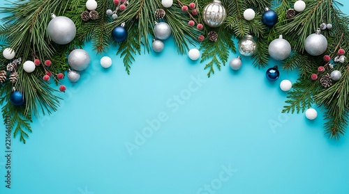 Christmas border frame made of pine branches and festive silver and blue baubles on a light blue background