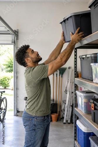 Young man placing storage bin with holiday decorations on high shelf in organized home garage, january cleanup