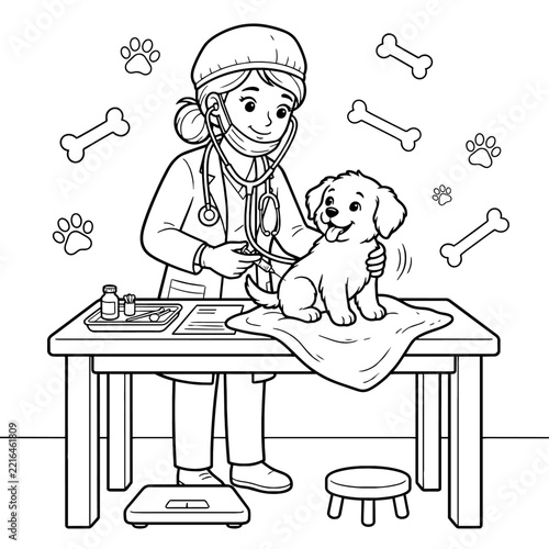 Veterinarian examining puppy coloring page line art vector illustratio