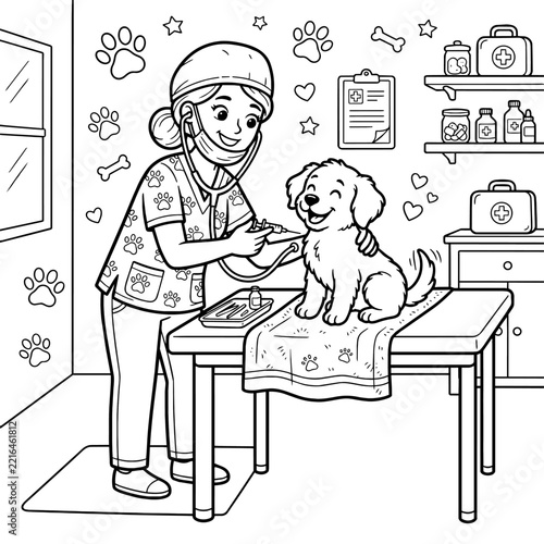 Coloring page of veterinarian examining a happy dog in a clinic
