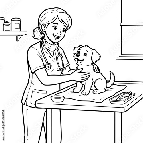 Coloring page of veterinarian examining a cute puppy