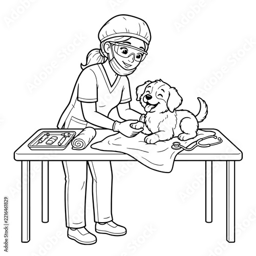 Coloring page of veterinarian examining a cute dog