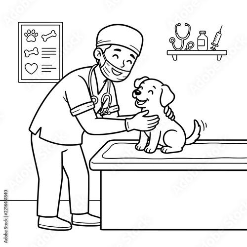 Veterinarian examining dog coloring page outline vector illustration