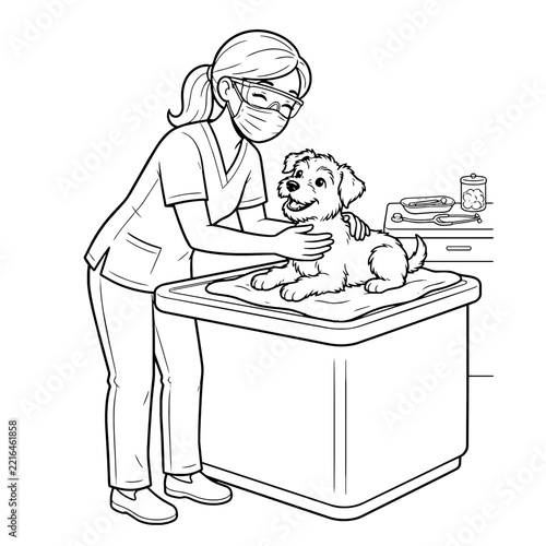 Veterinarian examining a cute dog coloring page vector illustration
