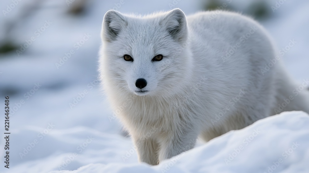 Fototapeta premium A white fox stands alert in a snowy landscape its fur blending with the winter environment under soft daylight