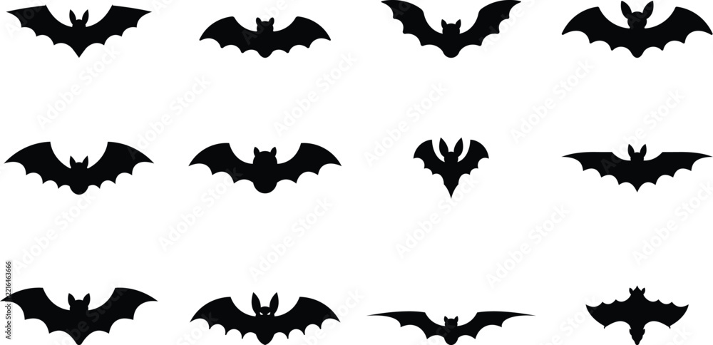 Fototapeta premium Halloween Set of black bat silhouettes in various flying and hanging poses isolated vector illustration Halloween