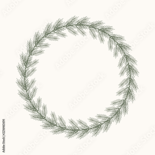 Simple vector illustration of a blank circular wreath made of green pine or fir branches. Minimalist botanical frame for winter holidays and Christmas.