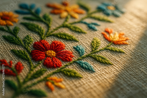 Colorful floral embroidery with red flowers and green leaf stitches