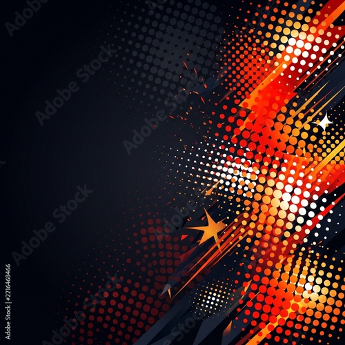 Abstract halftone dots Black Friday background with glowing red orange diagonal streaks, stars and copy space on dark navy, sale promotion backdrop