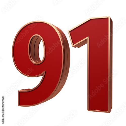 Modern 3D Number 91 red color gold outline Style