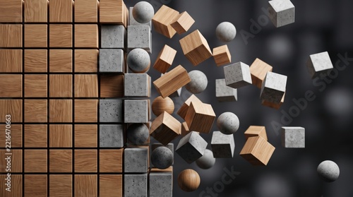 3D abstract composition of wooden and concrete cubes and spheres breaking apart