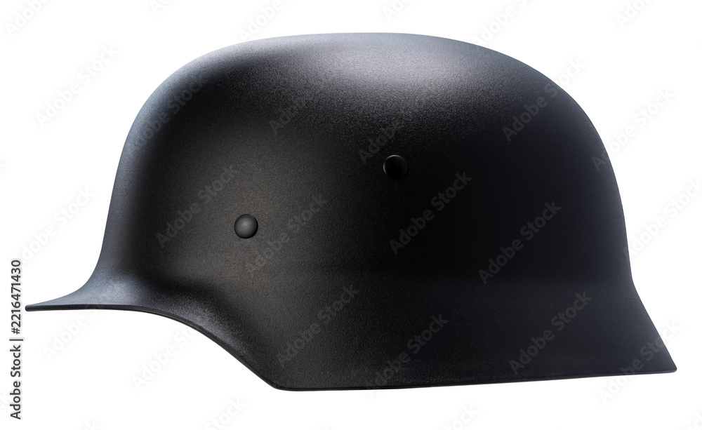 Fototapeta premium Vintage military steel combat helmet isolated on a white background, with clipping path, military history projects, tactical gear marketing, and museum exhibitions.